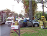 Firemen at the scene of an accident- car in tree